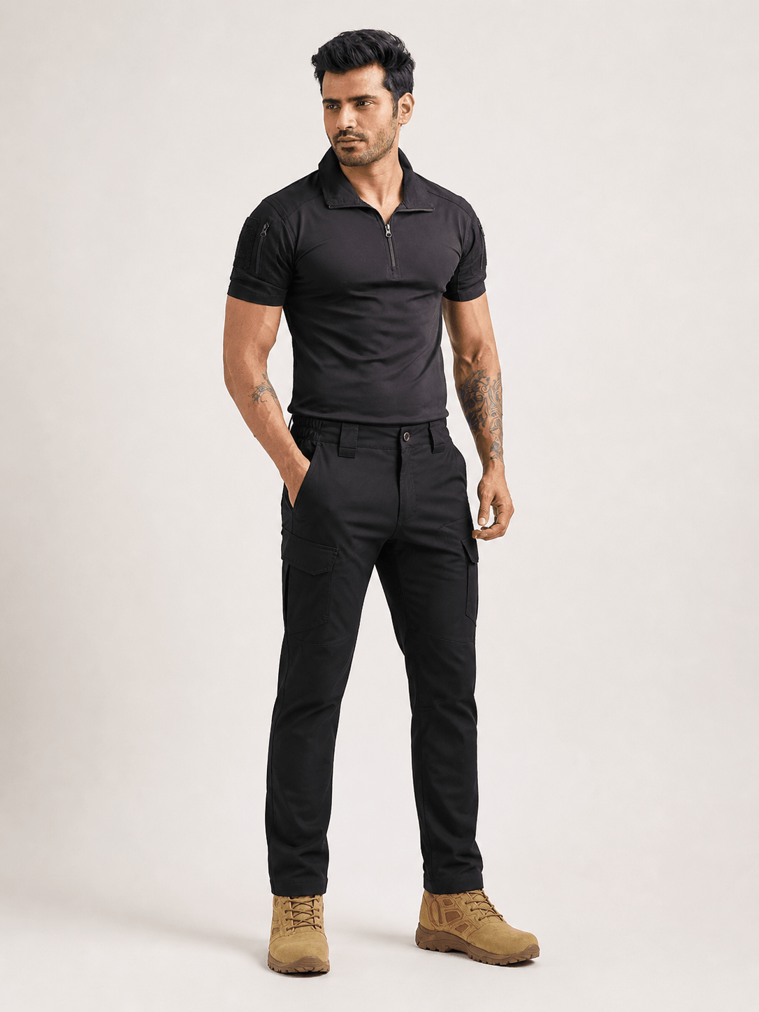Black Half Sleeves Tactical T-Shirt + Black Achiever Tactical Pant - MountMiller