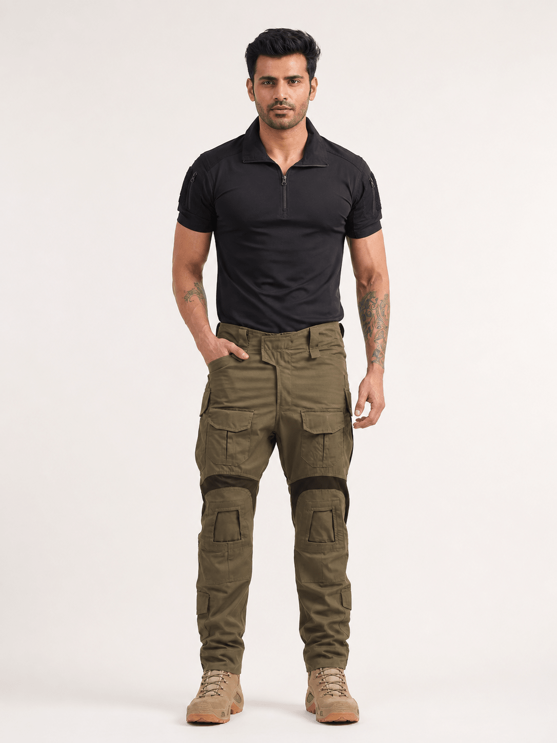 Black Half Sleeves Tactical T-Shirt + Olive Green Advanced Ripstop Tactical Pant - MountMiller